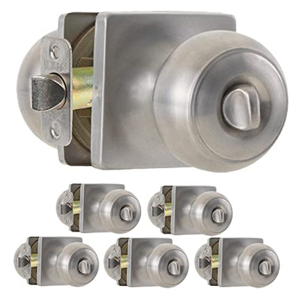 Ilyapa Privacy Door Knob for Bed/Bath - Square Round, Satin Nickel Interior Keyless Turn Thumb Locking Round Door Handle, Satin Nickel 6 Pack