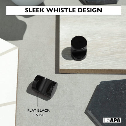 Ilyapa Flat Black Kitchen Cabinet Knobs - Minimalist Cylindrical Whistle Knob Handles - 25 Pack of Kitchen Cabinet Hardware