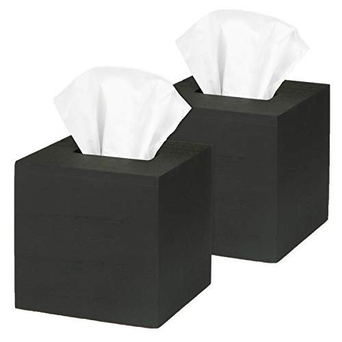 Ilyapa Wood Tissue Box Cover, 2 Pack Square - Rustic Farmhouse Black Wooden Tissue Holder