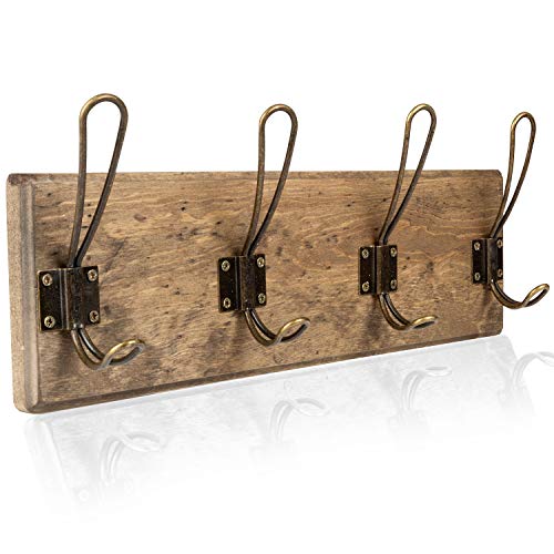 Wall Mounted Coat Rack - Rustic Wooden 4 Hook Coat Hanger Rail, Distressed Wood, Antique Brass Hooks