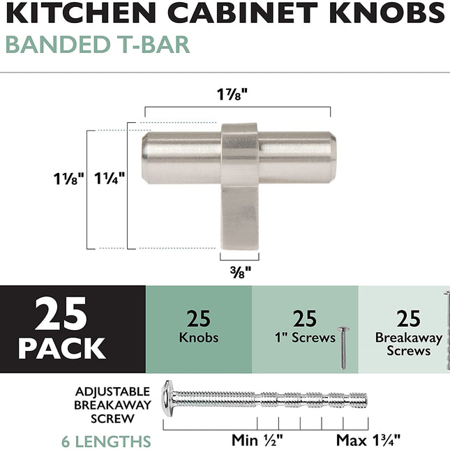 Satin Nickel Kitchen Cabinet Knobs, 25 Pack - Contemporary T-Knob Drawer Pull Handle Hardware