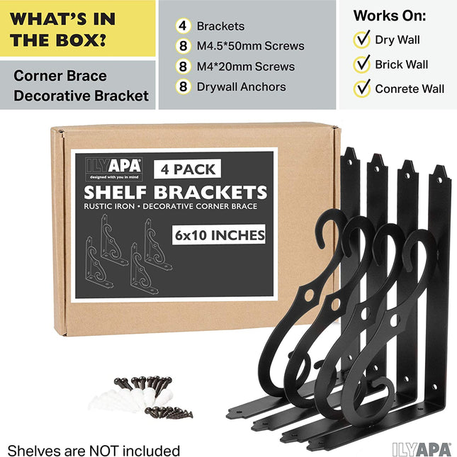 Heavy Duty Floating Shelf Brackets, 4 Pack - 6x10 Inch Decorative Metal Corner Brace Support for Wall Mount Shelves