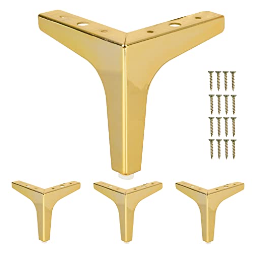 Ilyapa Triangular Metal Furniture Feet - Set of 4 Gold Mid Century Modern 5 Inch Heavy Duty Replacement Furniture Leg for Sofas, Chairs, Ottomans, Cabinets