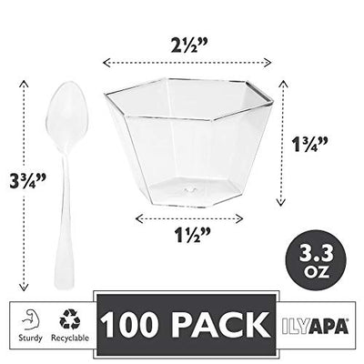 100 Mini Plastic Dessert Cups with Spoons - 3.3 oz Hexagon Cups