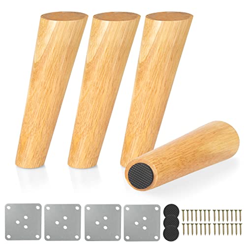 Ilyapa Wooden Tapered Oblique Furniture Leg - Set of 4 Natural Rubber Wood 8 Inch Mid Century Modern Tapered Replacement Furniture Feet for Sofas, Chairs, End Tables