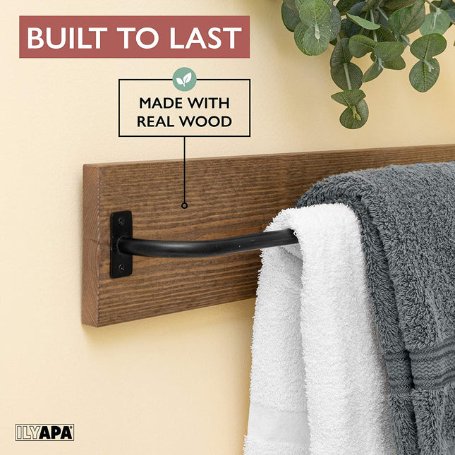 Ilyapa Wall Towel Rack for Bathroom - Rustic Barnwood & Black Metal Bar