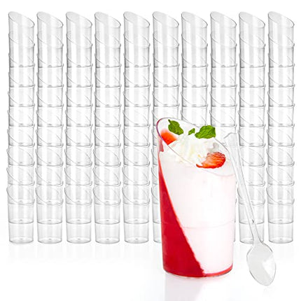 100 Mini Plastic Round Slanted Dessert Cup with Spoons - 3 oz Dessert Shooters