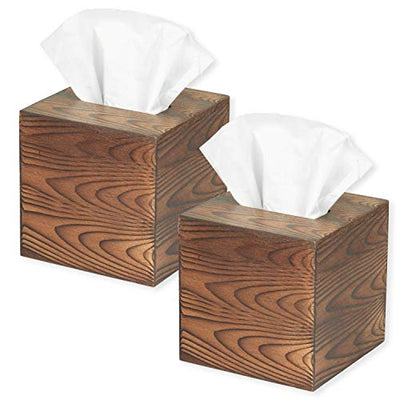 Ilyapa Wood Tissue Box Cover, 2 Pack Square - Rustic Farmhouse Wooden Tissue Holders