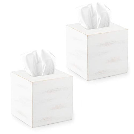 Ilyapa Wood Tissue Box Cover Square, 2 Pack - Rustic Farmhouse White Wooden Tissue Holder
