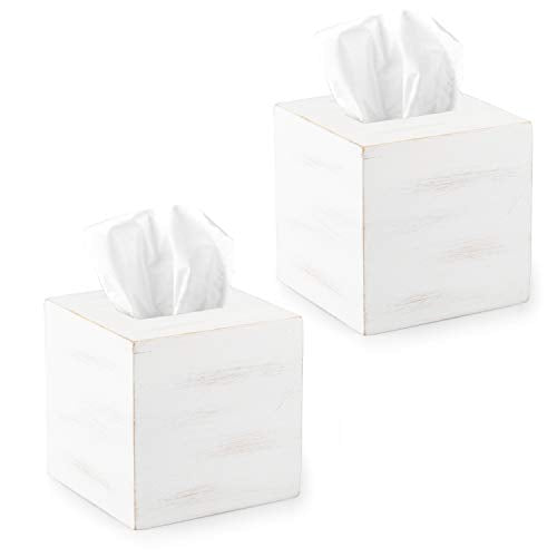 Ilyapa Wood Tissue Box Cover Square, 2 Pack - Rustic Farmhouse White Wooden Tissue Holder