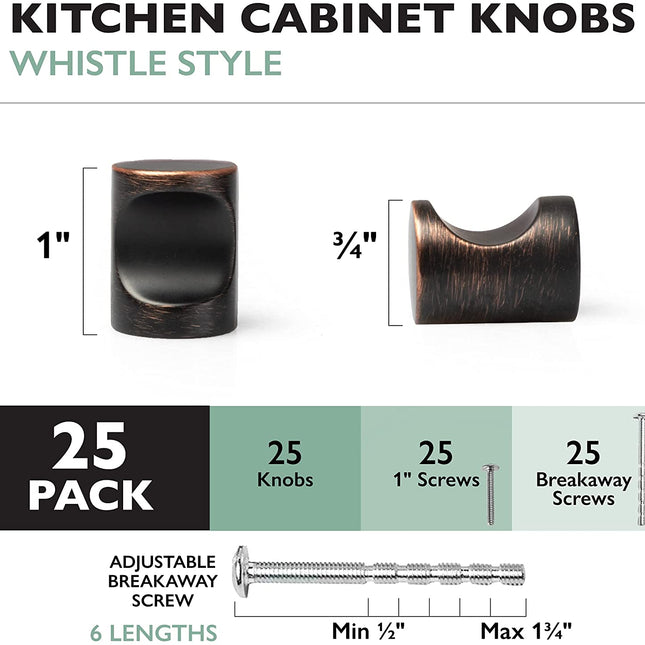 Ilyapa Oil Rubbed Bronze Kitchen Cabinet Knobs - Minimalist Cylindrical Whistle Knob Handles - 25 Pack of Kitchen Cabinet Hardware