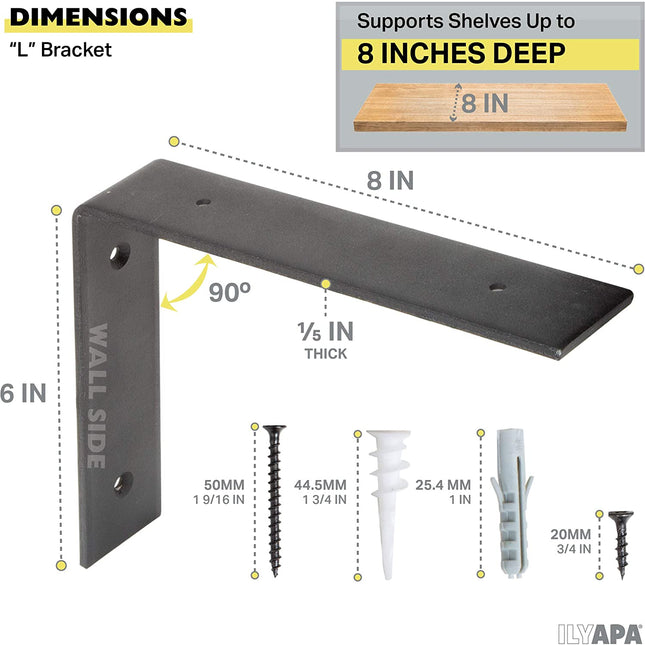Heavy Duty Steel Shelf Brackets, L Bracket - Farmhouse Rustic Iron Matte Finish - 4 Pack of 6 x 8 Inch Industrial Metal Shelf Holders, Corner L Brace Joint Angle Brackets for Wall Mount Shelves