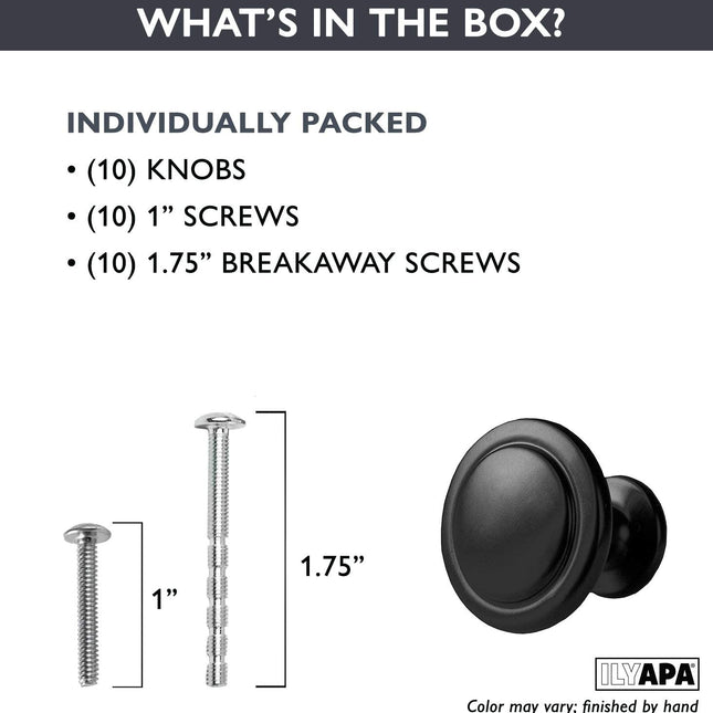 Flat Black Kitchen Cabinet Knobs - 1 1/4 Inch Round Drawer Handles - 10 Pack of Kitchen Cabinet Hardware