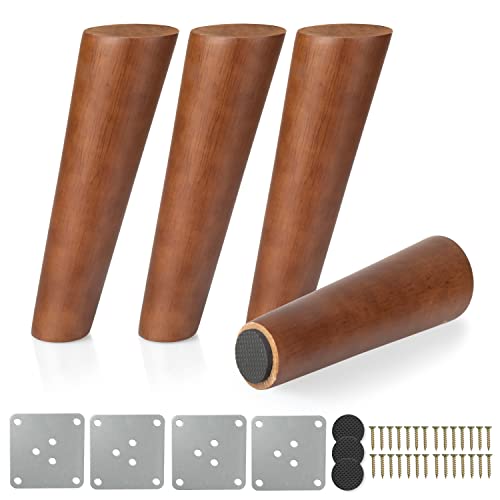 Ilyapa Wooden Tapered Oblique Furniture Leg - Set of 4 Brown 8 Inch Mid Century Modern Tapered Replacement Furniture Feet for Sofas, Chairs, End Tables