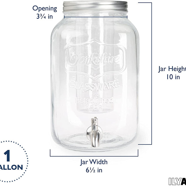 Outdoor Glass Beverage Dispenser with Stainless Steel Spigot, Ice Cylinder & Hanging Chalkboard - 1 Gallon Drink Dispenser for Lemonade, Tea, Cold Water & More