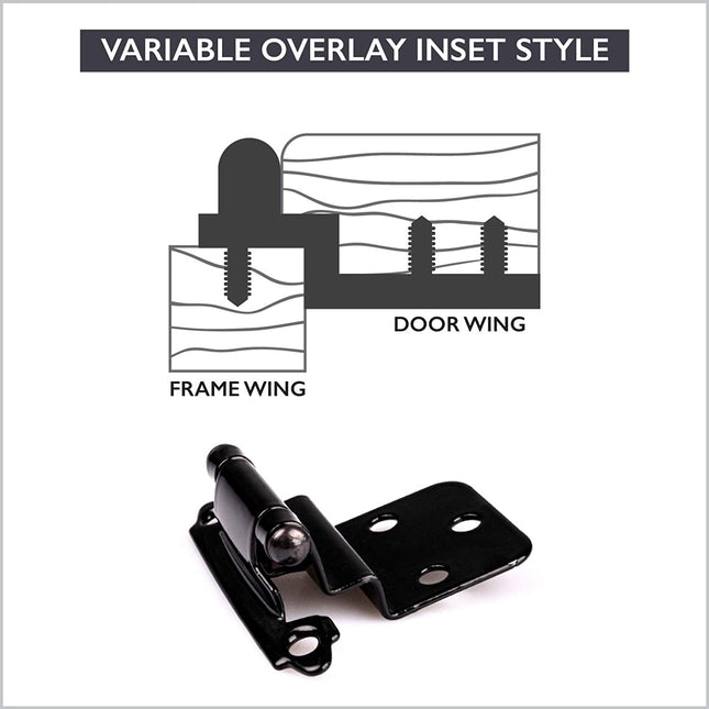 Self Closing Cabinet Hinges Black, 50 Pack - 3/8 Inch Inset Variable Overlay Kitchen Cabinet Door Hinge Hardware