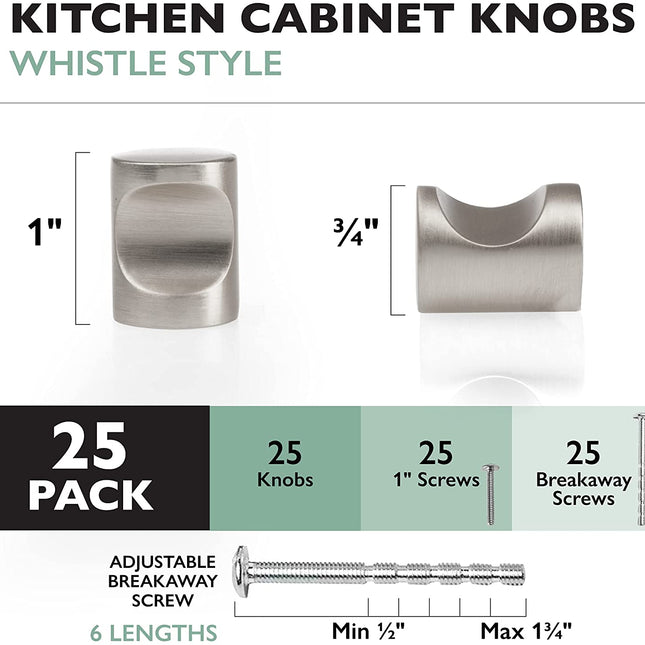 Ilyapa Satin Nickel Kitchen Cabinet Knobs - Minimalist Cylindrical Whistle Knob Handles - 25 Pack of Kitchen Cabinet Hardware