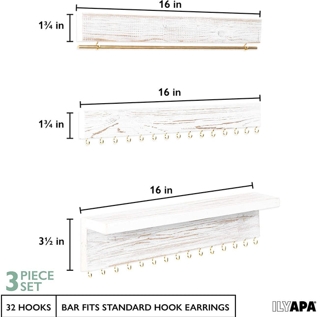 Ilyapa Wall Mounted Jewelry Organizer with Shelf - Rustic White Wood - 3 Piece Jewelry Hanger Rack Set - Earring, Bracelet & Necklace Holder