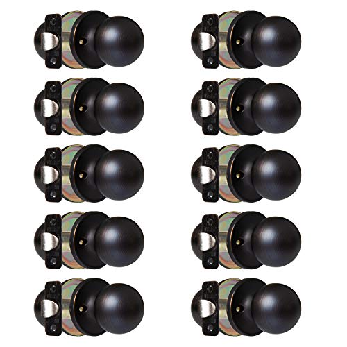 Ilyapa Passage Door Knob for Hall/Closet - Ball, Oil Rubbed Bronze Interior Keyless Non Locking Round Door Handle, Oil Rubbed Bronze, 10 Pack