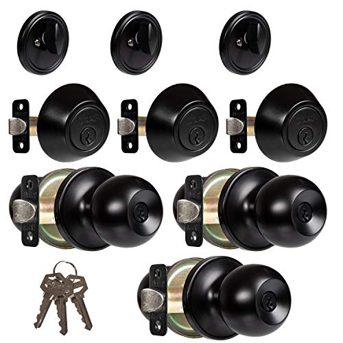 Ilyapa Entry Knob with Deadbolt Set - Ball, Matte Black 3 Pack
