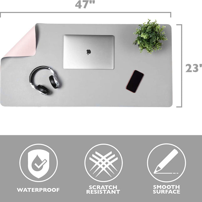 Office Desk Mat, Double Sided Pink & Gray - Large 47 x 23 Inch Leather Style Computer Pad for Desk