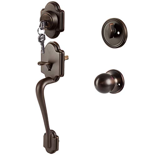 Traditional Style Front Door Exterior Handleset - Elegant Lock Set Handle Hardware with Single Cylinder Deadbolt Lock and Knob - Improved Classic Oil Rubbed Bronze Finish