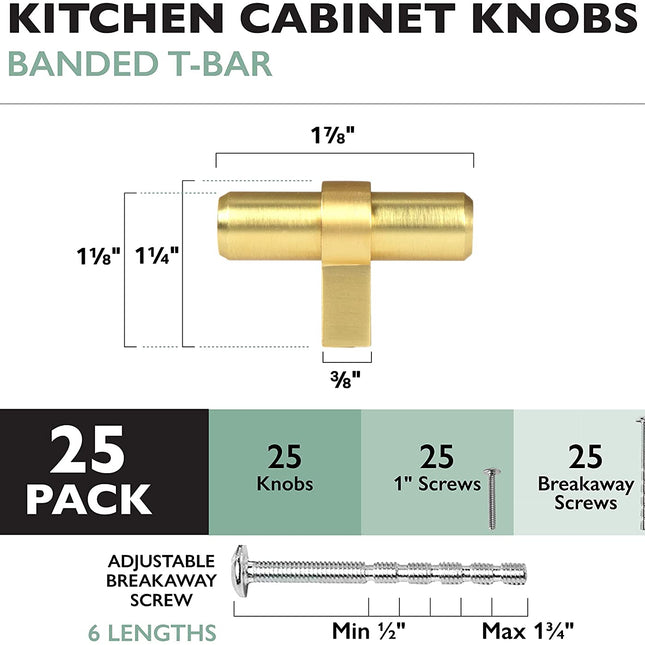 Ilyapa Brushed Gold Kitchen Cabinet Knobs, 25 Pack - Contemporary T-Knob Drawer Pull Handle Hardware