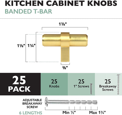 Ilyapa Brushed Gold Kitchen Cabinet Knobs, 25 Pack - Contemporary T-Knob Drawer Pull Handle Hardware
