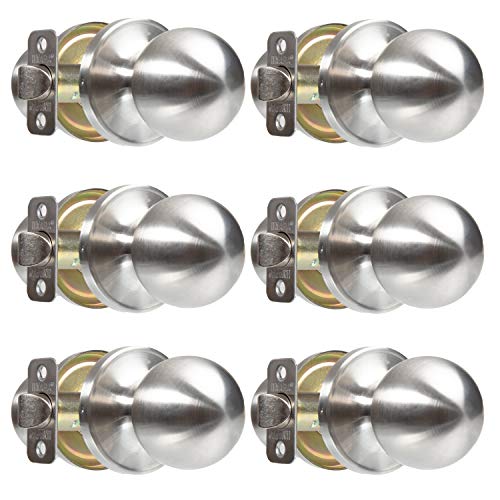 Ilyapa Passage Door Knob for Hall/Closet - Ball, Satin Nickel Interior Keyless Non Locking Round Door Handle, Satin Nickel, 6 Pack
