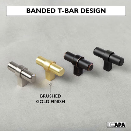 Brushed Gold Kitchen Cabinet Knobs, 10 Pack - Contemporary T-Knob Drawer Pull Handle Hardware