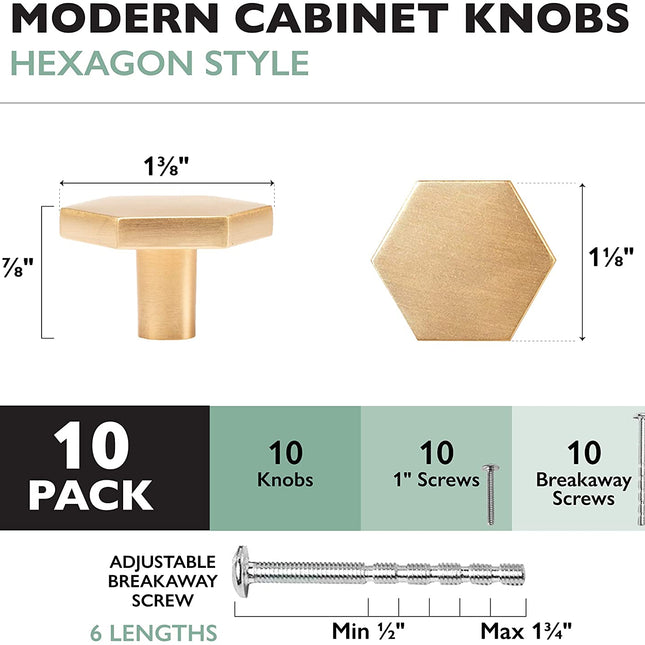 Ilyapa Brushed Gold Kitchen Cabinet Knobs - Hexagon Drawer Handles - 10 Pack of Kitchen Cabinet Hardware