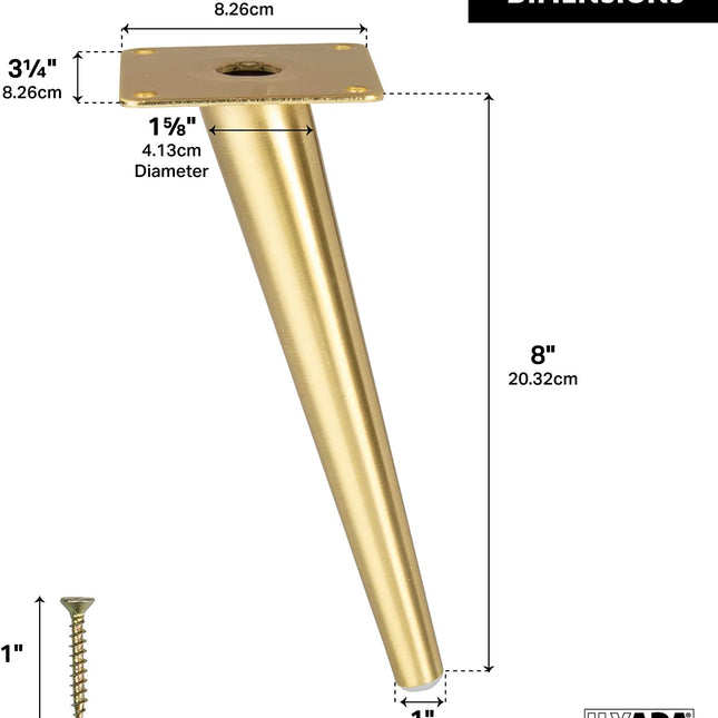Ilyapa Tapered Oblique Metal Furniture Leg - Set of 4 Gold Mid Century Modern 8 Inch Tapered Replacement Furniture Feet for Sofas, Chairs, Tables
