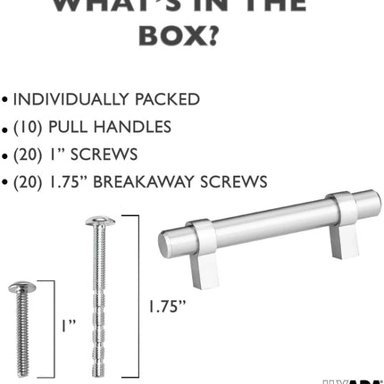 Satin Nickel Kitchen Cabinet Pulls - 3 Inch Hole Center Bar - 10 Pack of Kitchen Cabinet Hardware - New Design