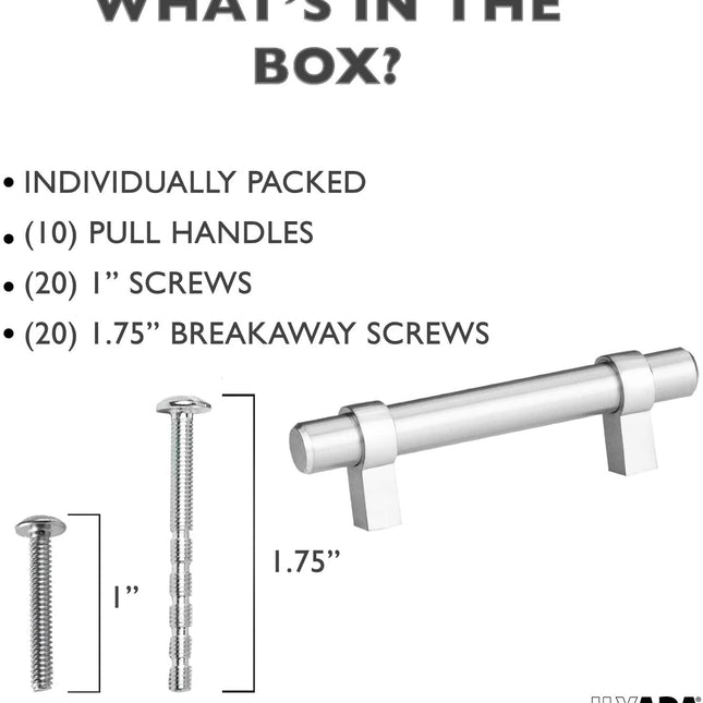 Satin Nickel Kitchen Cabinet Pulls - 3 Inch Hole Center Bar - 10 Pack of Kitchen Cabinet Hardware - New Design
