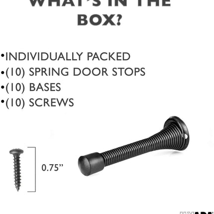 10 Pack of Spring Door Stops Black - 3 1/4 Inch Heavy Duty Door Stop - Traditional Spring Door Stop with Rubber Bumper