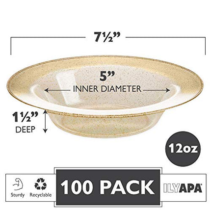 12oz Plastic Bowls Set of 100 - Gold Glitter Heavy Duty Disposable Bowl Pack