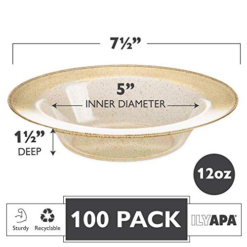 12oz Plastic Bowls Set of 100 - Gold Glitter Heavy Duty Disposable Bowl Pack