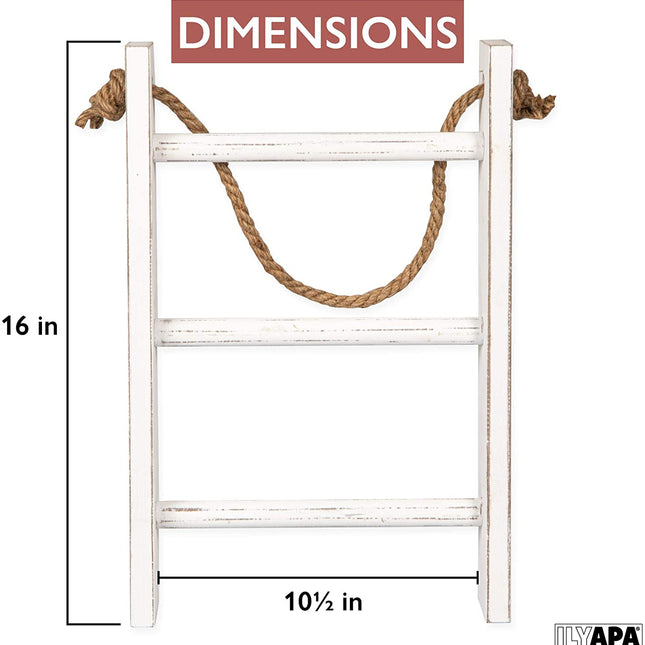 Ilyapa Ladder Towel Rack with Rope for Bathroom - Weathered White Wood Hanging Rustic Home Decor