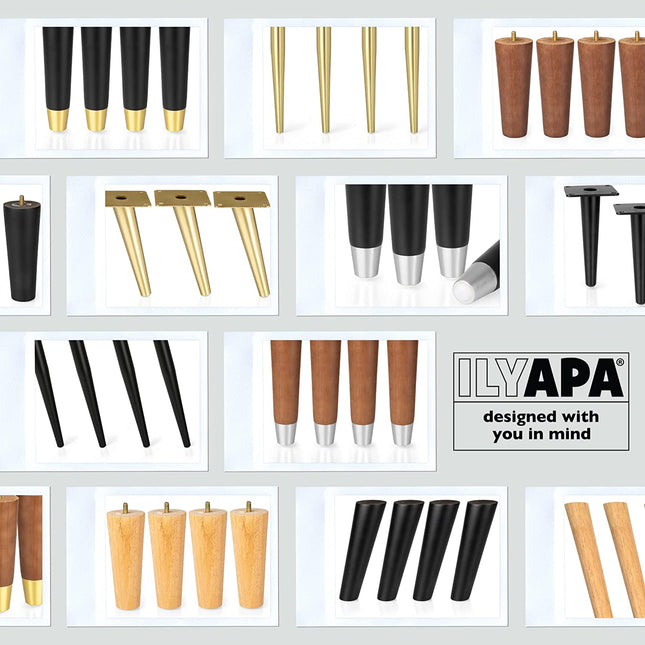 Ilyapa Tapered Oblique Metal Furniture Leg - Set of 4 Gold Mid Century Modern 8 Inch Tapered Replacement Furniture Feet for Sofas, Chairs, Tables