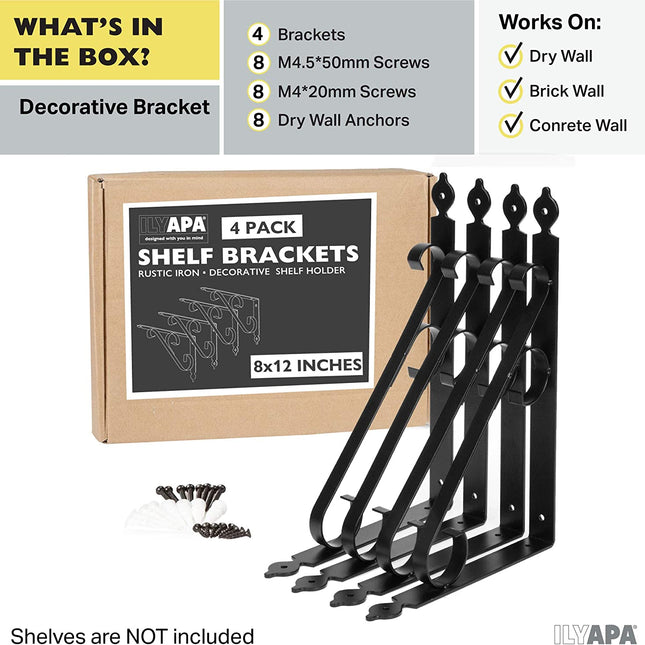 Heavy Duty Floating Shelf Brackets, 4 Pack - 8x12 Inch Decorative Metal Shelf Holders for Wall Mount Shelves