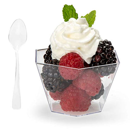100 Mini Plastic Dessert Cups with Spoons - 3.3 oz Hexagon Cups