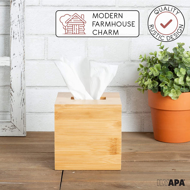 Ilyapa Bamboo Tissue Box Cover Square - Rustic Farmhouse Tissue Holder