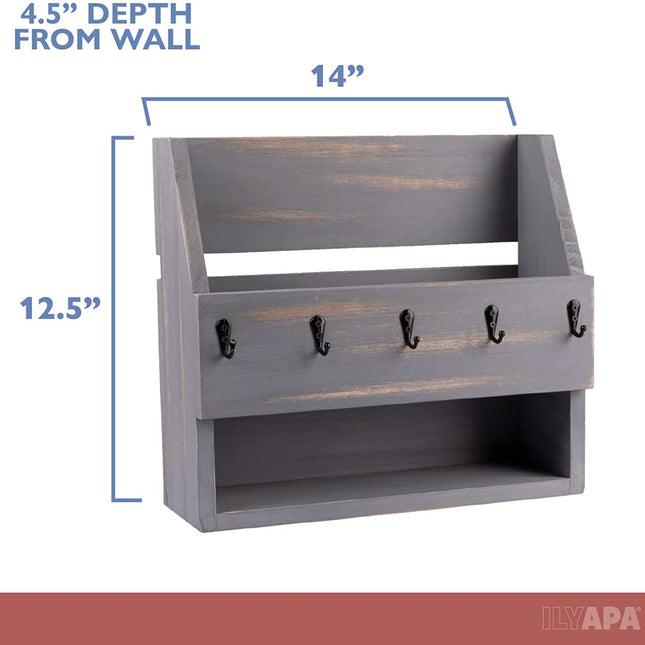 Ilyapa Rustic Gray Wooden Key and Mail Holder with Shelf - Wall Mounted