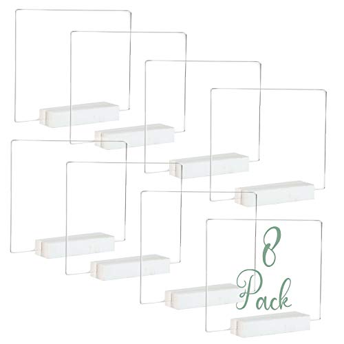 Acrylic Sign Holders with White Wood Stands, 8 Pack - Small 5x6 Inch Blank Table Numbers Set for Wedding