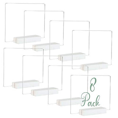 Acrylic Sign Holders with White Wood Stands, 8 Pack - Small 5x6 Inch Blank Table Numbers Set for Wedding
