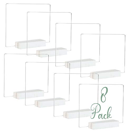 Acrylic Sign Holders with White Wood Stands, 8 Pack - Small 5x6 Inch Blank  Table Numbers Set for Wedding 