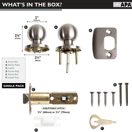 Ilyapa Passage Door Knob for Hall/Closet - Ball, Satin Nickel Interior Keyless Non Locking Round Door Handle, Satin Nickel