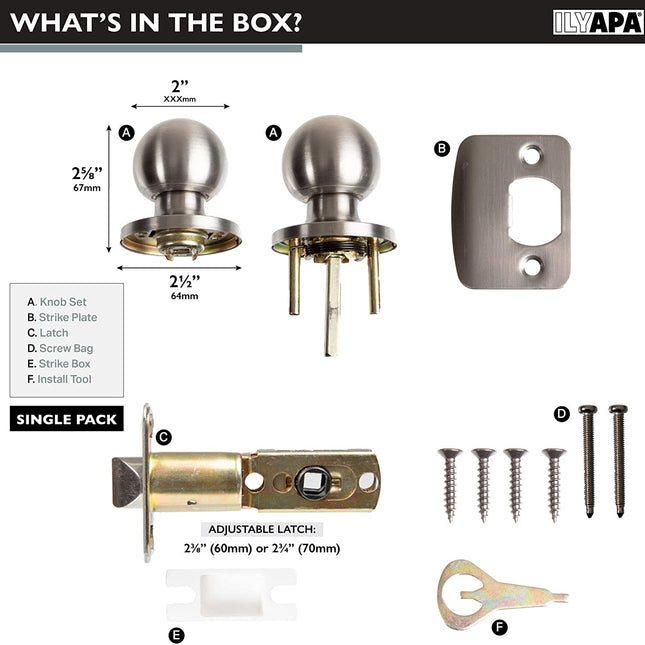 Ilyapa Passage Door Knob for Hall/Closet - Ball, Satin Nickel Interior Keyless Non Locking Round Door Handle, Satin Nickel