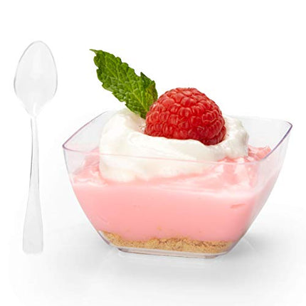 100 Mini Plastic Dessert Cups with Spoons - 5 oz Square Shooters