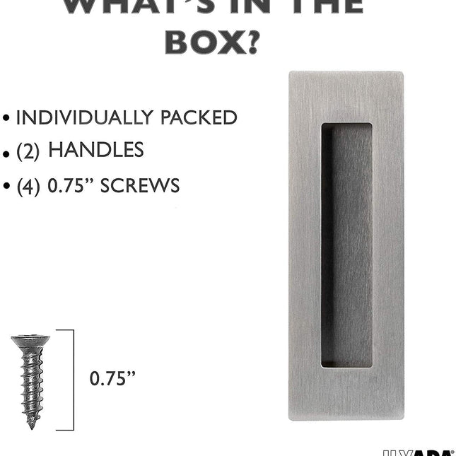 Flush Pull Handle 2 Pack, Stainless Steel, Concealed Screws - Barn Door Handles for Sliding Closet, Cabinet or Pocket Doors